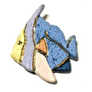 VTG Clay Art Angel Fish Pastel Blue Purple Pink Yellow Gold Speckled 1 3/4"
